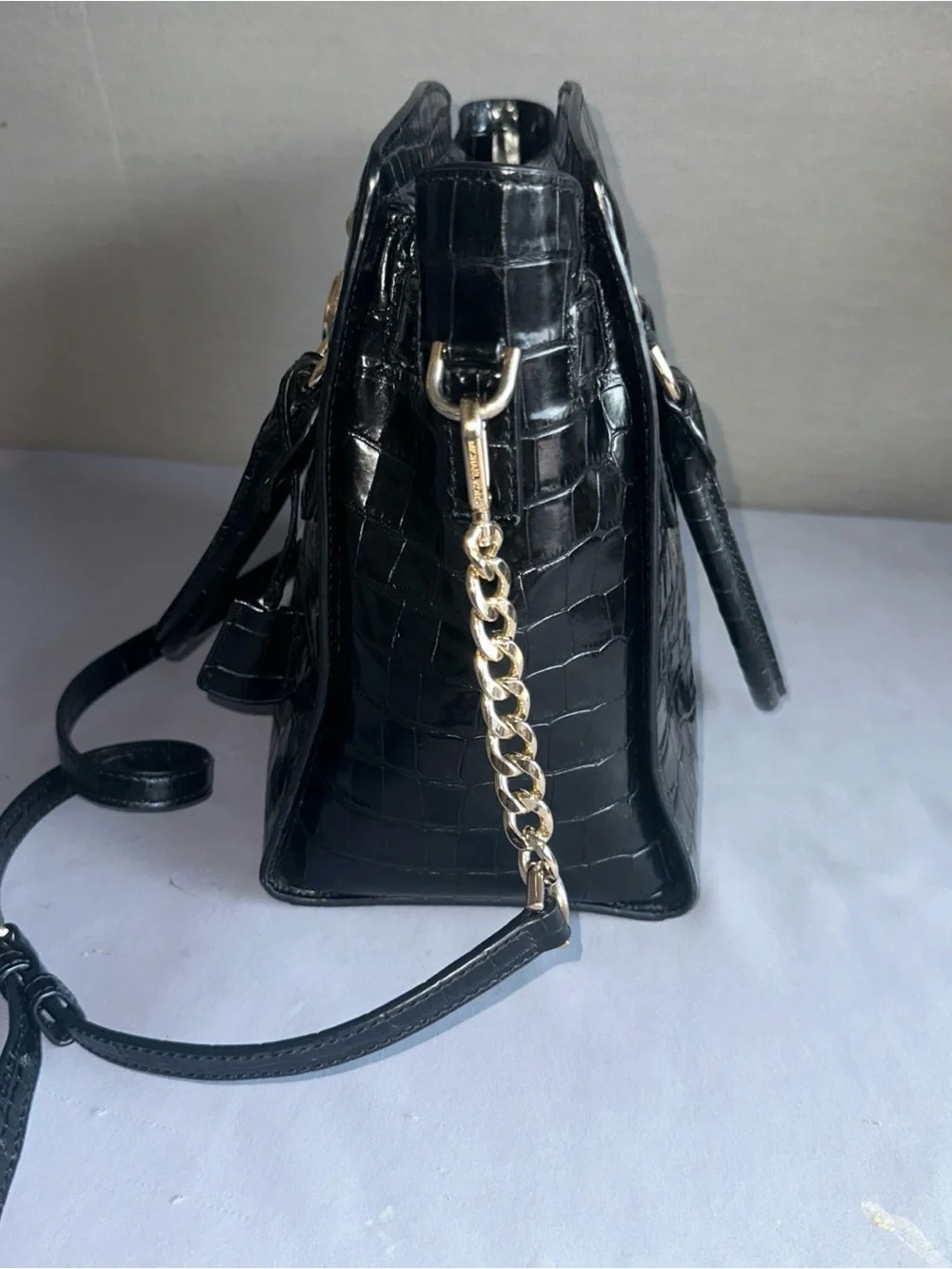 Michael Kors Black Croc-Embossed Satchel with Gold Hardware